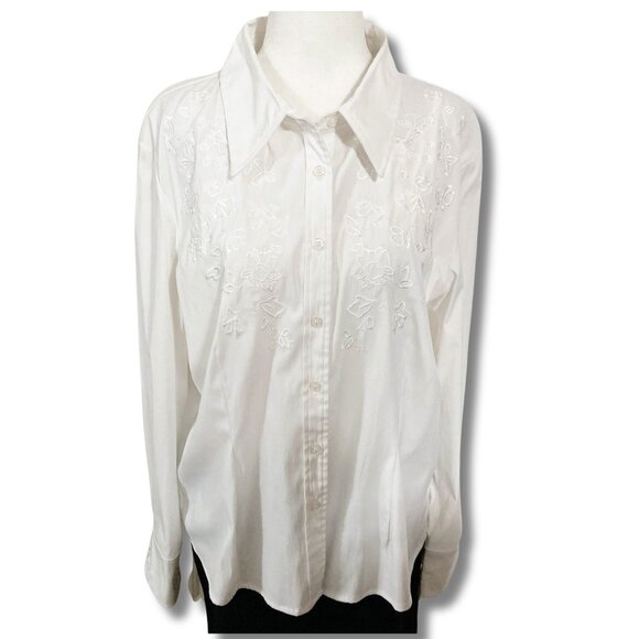CONRAD C Off-white floral embroidered button-down shirt ~ LARGE XL 1X blouse - Picture 1 of 11